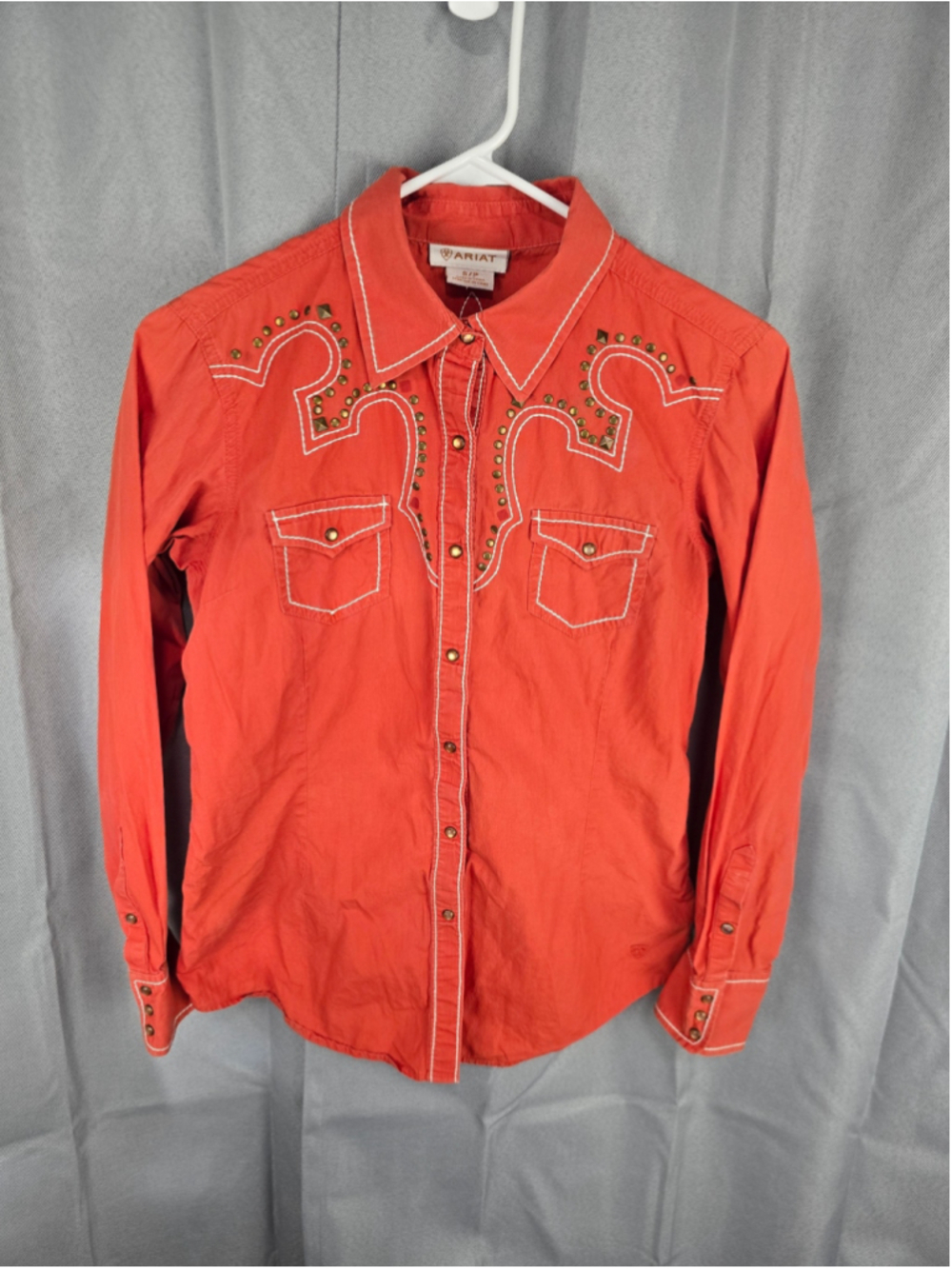 Women's Ariat Button Down Shirt Size S Orange White Studded Western